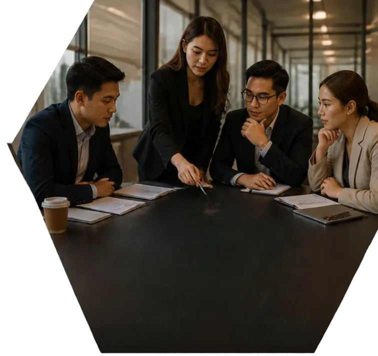 A small business team reviewing documents together around a meeting table
